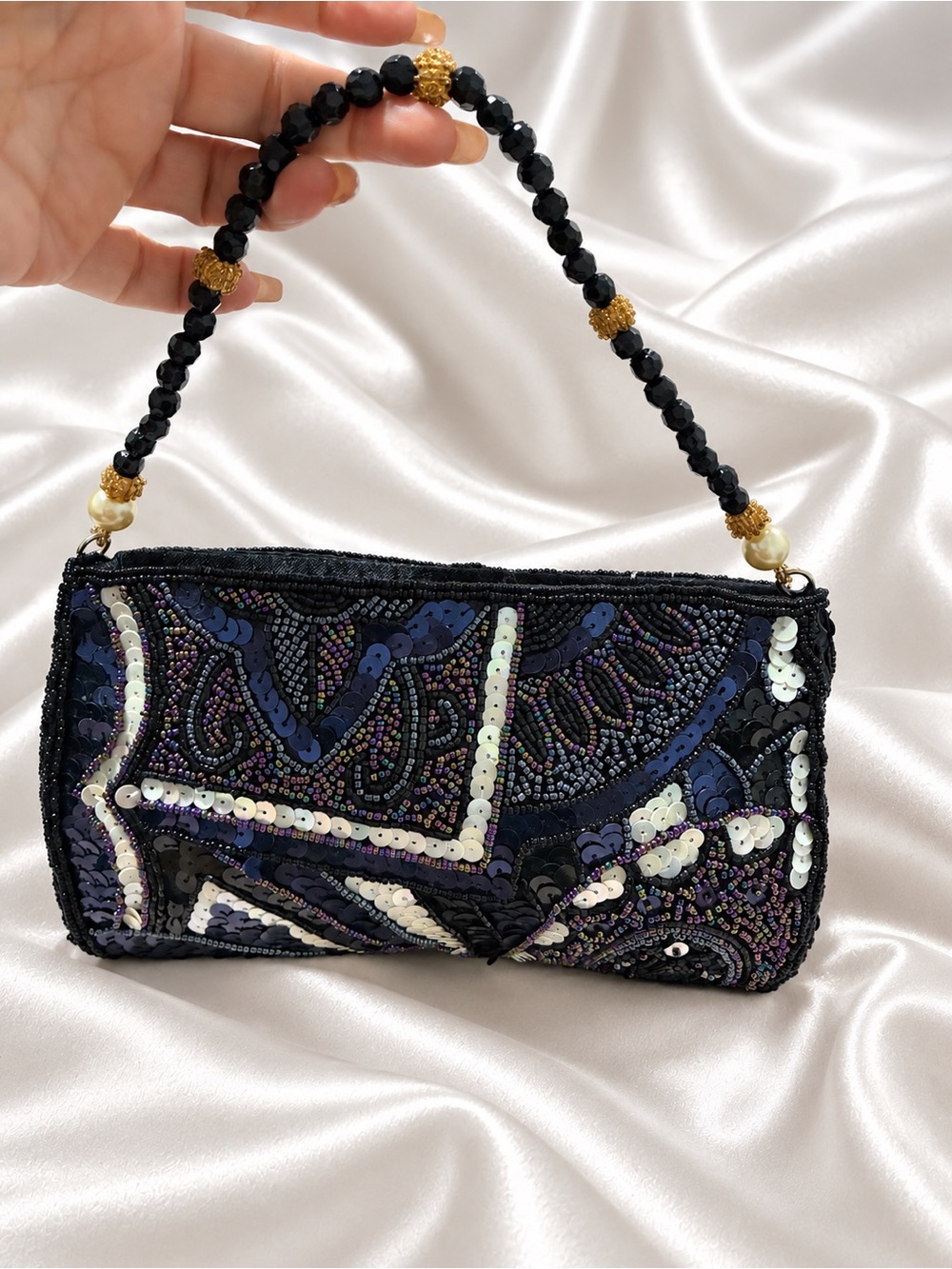 Beaded Sequin Black Evening Clutch with Beaded Handle
